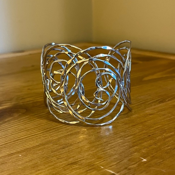 Silver tone hammered swirl statement cuff with open back 7” - Picture 2 of 8